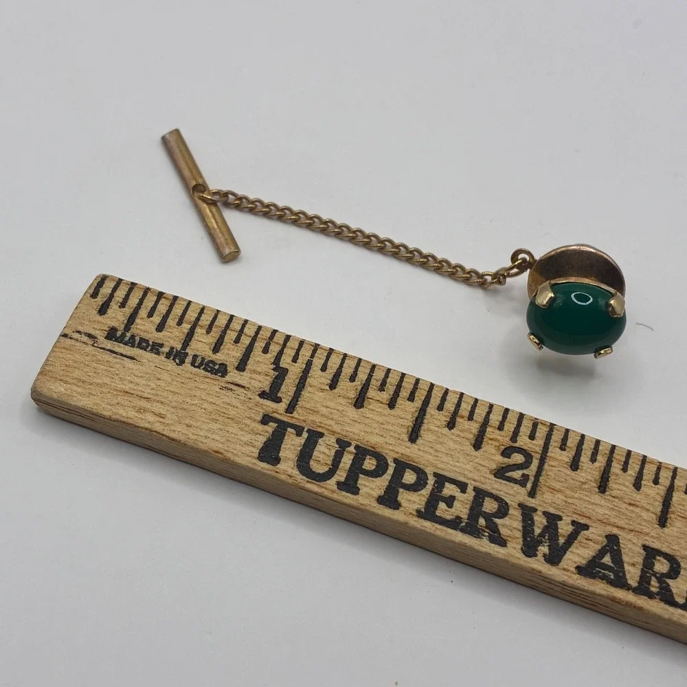 Vintage Gold Tone Green Cabochon Tie Tack with Security Chain and T-Bar Pin